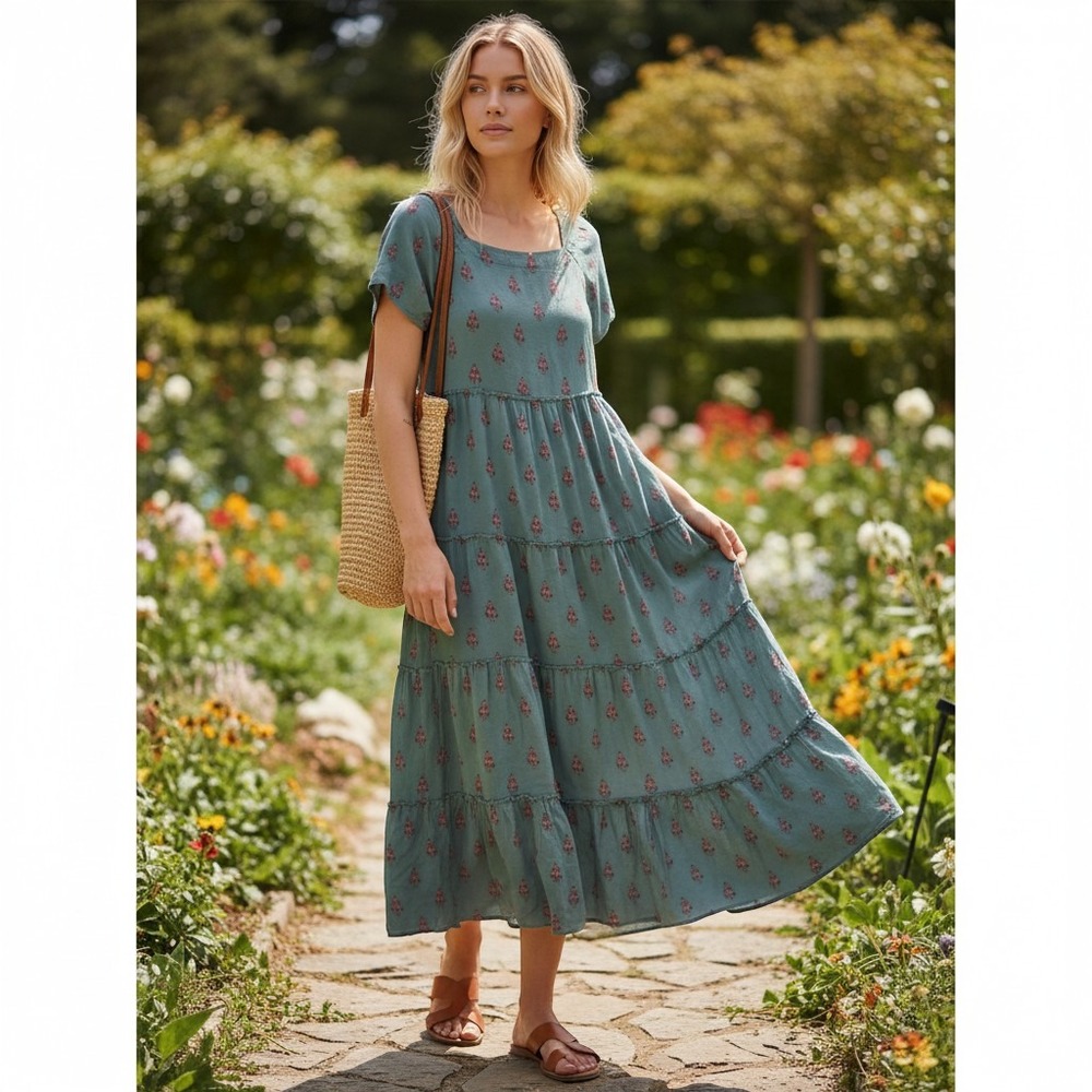 Natural LIfe sz L/XL short sleeve olive green floral boho maxi dress P
